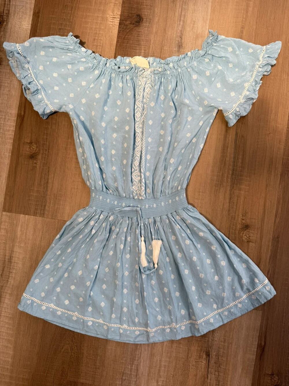 Ocean Drive size L blue mini dress short sleeves flare tassels Coastal Boho